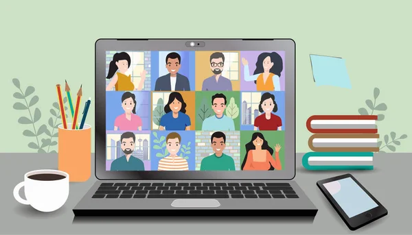 Videó Online Konferencia Videó Találkozó Emberek Csoportjával Interjú Online Kommunikáció — Stock Vector