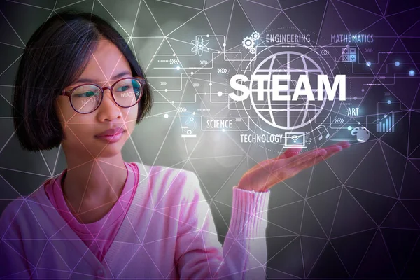 STEAM  education by asian female student with short hair wearing glasses and wearing a pink dress In the  of a hand  presenting   STEAM  education