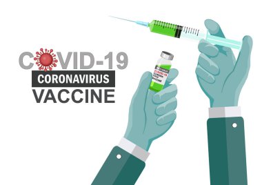El giyimi eldivenleri ve aşı. Koronavirüs enfeksiyonunu önleme, aşılama ve tedavi için kullanılan aşı şişesi ve şırınga (2019, COVID-19, nCoV 2019). Tıp bulaşıcı kavramı.