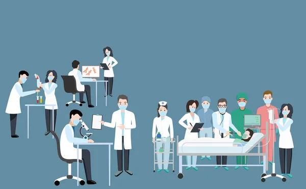 医生和护士在病房里治病 在实验室里 研究如何对抗考拉病毒的流行 谢谢你与瘟疫作斗争 勇敢的医疗保健 包括疫苗的发明 — 图库矢量图片