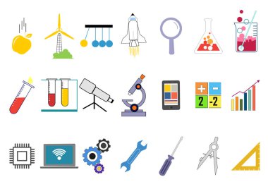 Düz tasarım biliminde vektör çizgisi simgeleri, işaretleri ve sembolleri ayarlayın. BTMM konsept çizimi. Bilim ve teknoloji, mühendislik ve matematik. Koleksiyon modern bilgi logosu ve pictogram.
