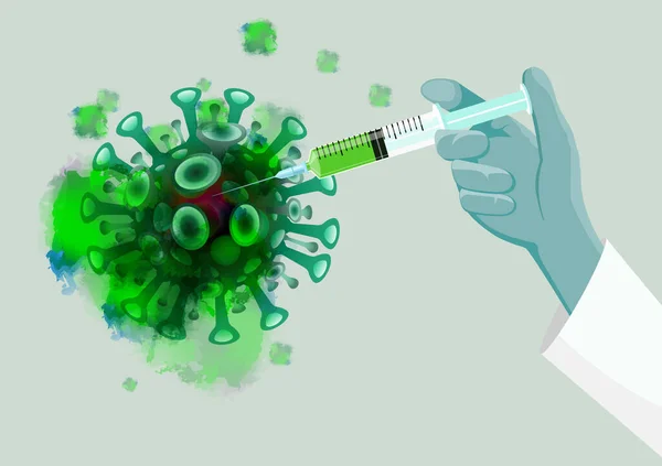 Mão Segurando Uma Seringa Vacina Injetando Covid Patógeno Vírus Ele — Vetor de Stock