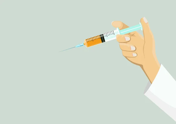 Mano Sosteniendo Una Vacuna Líquido Naranja Jeringa Inyección Utiliza Para — Vector de stock