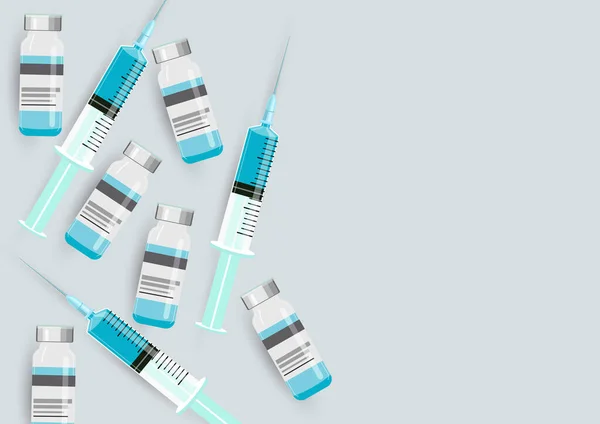 Medicine Bottle Injection Blue Liquid Vaccine Medical Glass Vials Syringe — Stock Vector