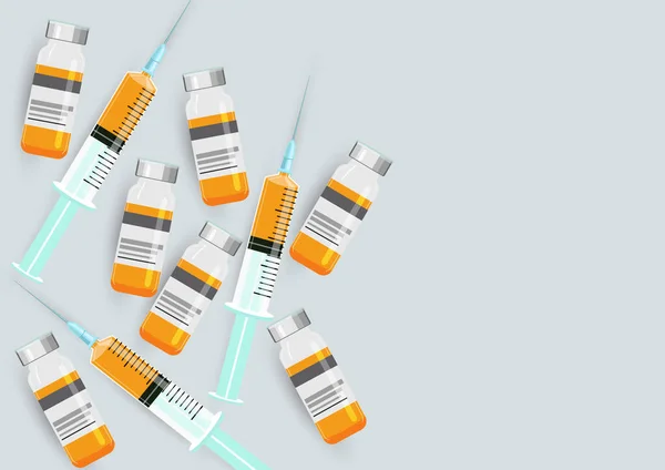 Medicine Bottle Injection Orange Liquid Vaccine Medical Glass Vials Syringe — Stock Vector