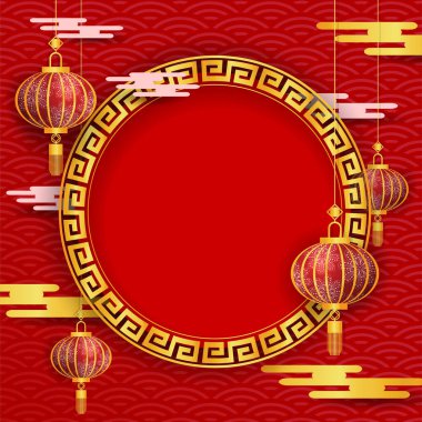 Çin 'in yeni yılı için Mutlu 2021 Çerçevesi bulutlar, fenerler, Çin desenlerinden oluşuyor tebrik kartı, el ilanları, davetiyeler, broşürler, takvimler için kırmızı bir zemin üzerinde.