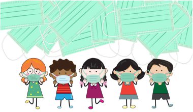 Çocuklar, oğlanlar ve kızlar maske takıyor. Covid-19 'a karşı korumak için. Vektör illüstrasyon Çocuk çizim stili. Üst tarafta yığınla yeşil tıbbi maske var. Tasarım için yeni normal kavram.