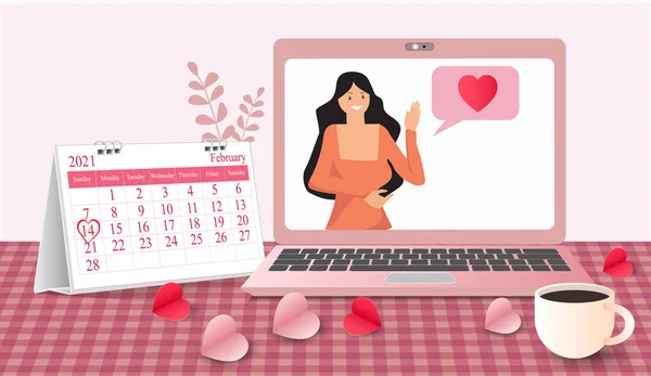 Valentijnsdag Videovergadering Van Een Volksgroep Online Communicatie Thuis Laptops Compositiefoto — Stockvector