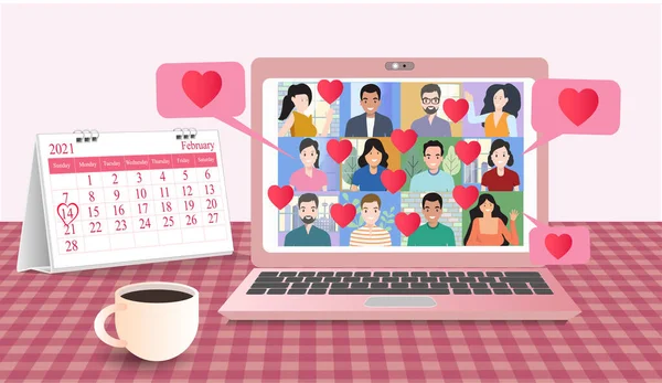 Valentine Day Video Meeting People Group Online Communication Home Laptops — Stock Vector