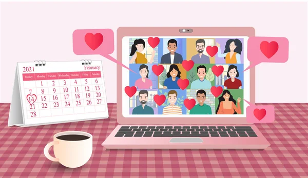 Saint Valentin Rencontre Vidéo Groupe Personnes Communication Ligne Maison Sur — Image vectorielle