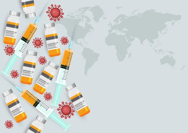 Frasco Medicina Fondo Vectorial Jeringa Con Mapa Del Mundo Frasco — Vector de stock