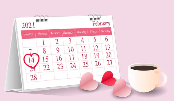 Hari Valentine Kalender Bentuk Hati Ditandai Pada Februari 2021 Dalam - Stok Vektor