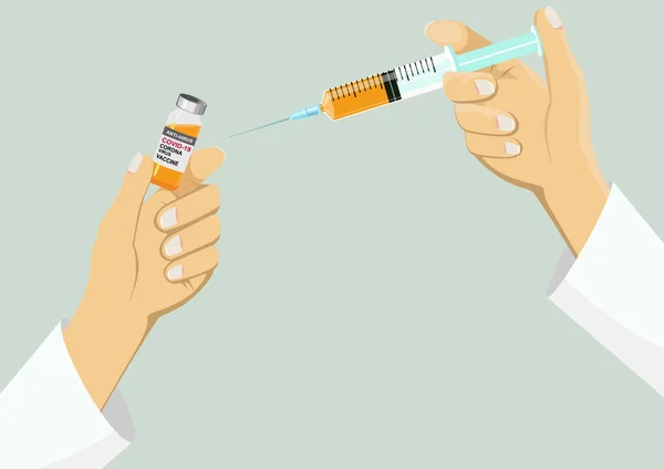 Hand Holding Vaccine Orange Liquid Syringe Injecting Uses Prevention Immunization — Stock Vector