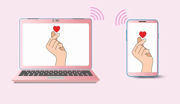 Ordinateurs Portables Téléphones Avec Mini Coeur Signe Amour Coréen Couples — Image vectorielle