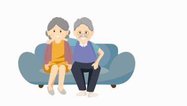 Kanepede oturan yaşlı bir çift, yaşlı insanlar. Büyükanne ve büyükbaba soyutlanmış beyaz arka planda mutlu bir aile kavramı. Düz bir şekilde vektör illüstrasyonu. 