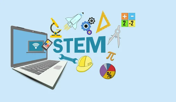 Concepto Web Educación Online Computadora Portátil Con Stem Educación Ciencia — Vector de stock