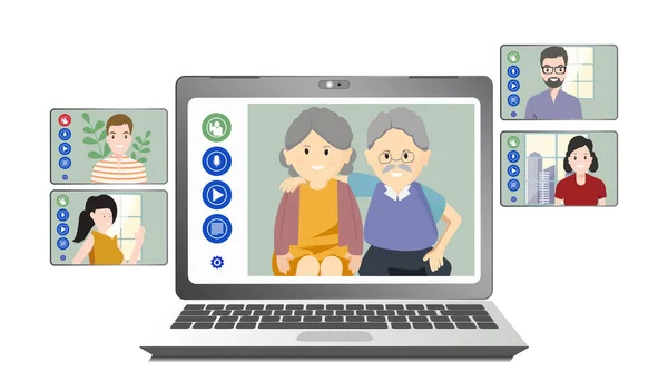 Nternetteki Konferans Portrelerin Toplandığı Webcam Laptop Ekranı Yaşlı Insanlar Video — Stok Vektör