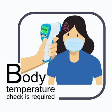 Basit Kadın Düz Çizimi. Vücut ısısını ölçmek için test gerekiyor. Vücut ısısını ölçmek için elde tutulan termometreyle. Menzil salgını Covid-19 'u kontrol ediyor. yeni normalin. 