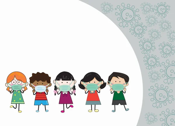 Beş çocuk, erkek ve kızlar maske takıyor. Covid-19 'a karşı korumak için. Vektör illüstrasyonu Çocuğun çizim biçimi beyaz arkaplanda bir virüs sembolü ile.