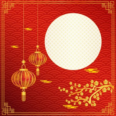 Çin sonbahar festivali ortası grafik tasarımı bulutlar, fenerler, Çin desenleri ve sakura çiçeklerinden oluşan dolunayın kırmızı arkaplan çizimi..