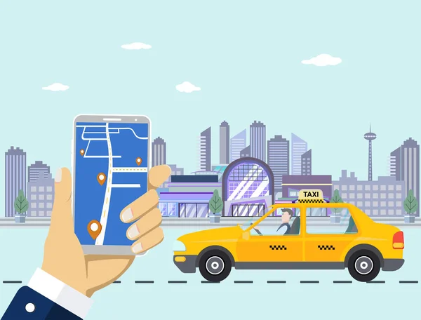 Ele Tutuşan Akıllı Telefon Cep Telefonu Taksi Kiralama Uygulaması Araba — Stok Vektör