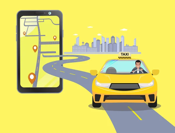 Smartphone Cellulare App Prenotare Servizio Taxi Con Car Sharing Road — Vettoriale Stock