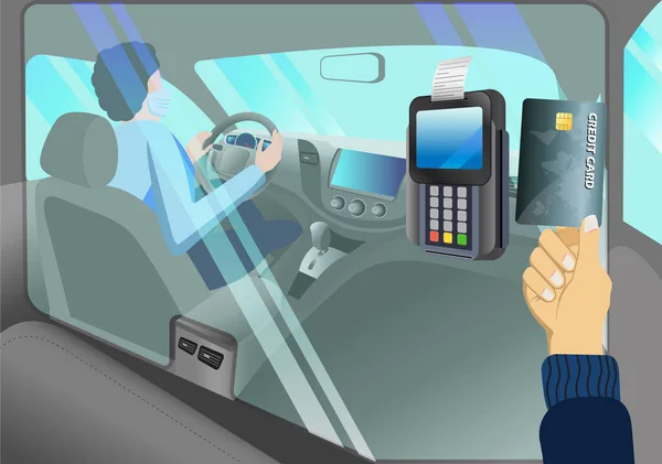 Takside Kredi Kartı Ödemesi Mesafeyi Korumak Için Ödeme Işleme Cihazıyla — Stok Vektör