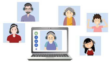 Kablosuz kulaklık takan yaşlı insanlar ve aileler video konferans kumandasını aileleriyle birlikte bilgisayarda birbirine bağlıyorlar, evden ve internetten herhangi bir konsept üzerinden çalışıyorlar..