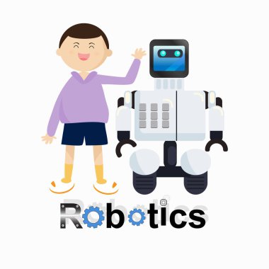 Evde oyuncak robotla oynayan mutlu çocuk. Robot bilimi ve tamirci çocuk robotu tamir ediyor. Robot biliminin amblemi. Beyaz üzerine izole edilmiş. Eğitim, bilim ve teknoloji için düz vektör çizimi..