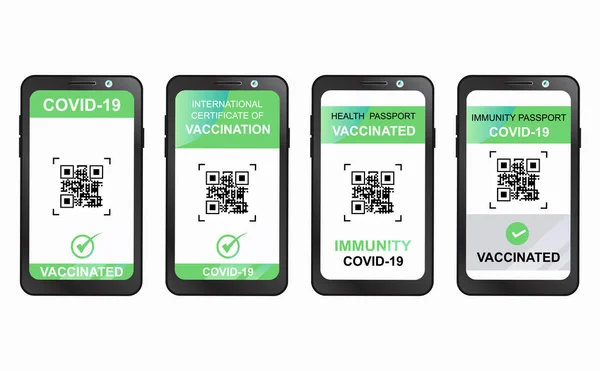 Dijital yeşil geçiş kartı. Cep telefonunda QR kodu var. Sağlık pasaportu ayarlandı. Akıllı telefondan. Covid-19 'dan aşı dokunulmazlığı. dünya çapında sınırsız çevrimiçi seyahat.