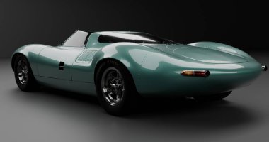 Gösterişli tasarımı ve krom tekerlekleri olan klasik deniz mavisi spor araba.