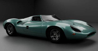 Modern stüdyo ortamında klasik yeşil spor araba.