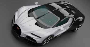 Lüks Bugatti Tourbillon spor arabası koyu arka planda çarpıcı beyazda.