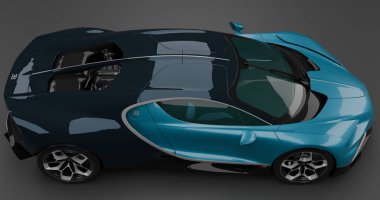 Lüks Bugatti Tourbillon spor arabası koyu arkaplanda çarpıcı mavi renkte.