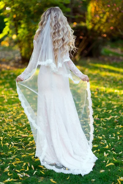 Blonde Bride Wedding Dress Straightened Veil Her Back — Stock Photo, Image