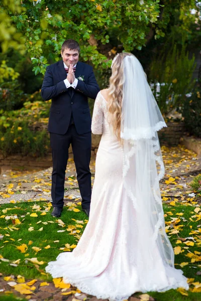 Noivo Olha Para Sua Noiva Vestido — Fotografia de Stock