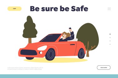 Kadın sürücünün akıllı telefondan selfie çektiği güvenli iniş sayfası konsepti