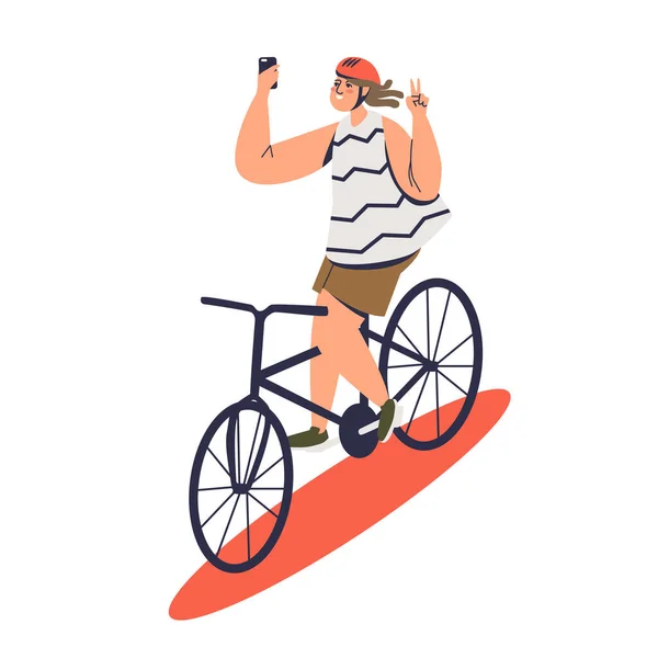 Ragazza facendo selfie foto in sella alla bicicletta. Concetto pericoloso di scattare foto selfie — Vettoriale Stock