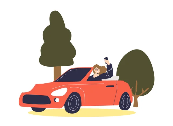 Chica haciendo selfie coche de conducción. Dibujos animados femenina tomando fotos mientras monta — Vector de stock