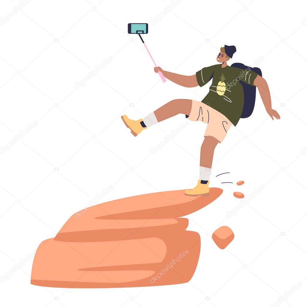 Man taking dangerous selfie and falling from mountain rock. Risk of selfie making concept