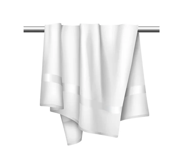 Toalha de pano branco no cabide, mockup realista de toalha de tecido para banheiro — Vetor de Stock