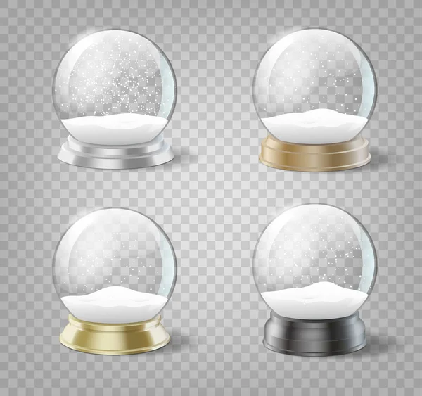 Set de bolas de nieve de Navidad transparente. Esferas de vidrio con plantilla de nieve y copos de nieve — Vector de stock