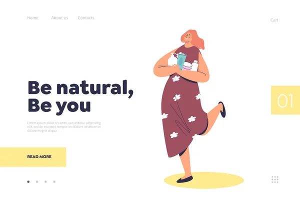 Natuurlijke cosmetica concept voor landing page met cartoon meisje met flessen en potten — Stockvector