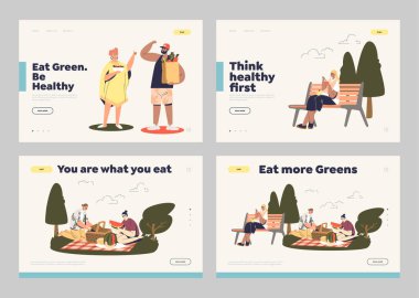 Genç çizgi filmlerin sebze ve meyve yediği sağlıklı beslenme konsepti için iniş sayfaları.