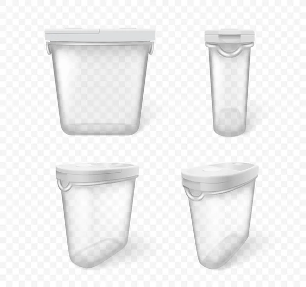 Κενό πλαστικό δοχείο τροφίμων ρεαλιστικό διαφανές με λευκό καπάκι σε λευκό φόντο — Διανυσματικό Αρχείο