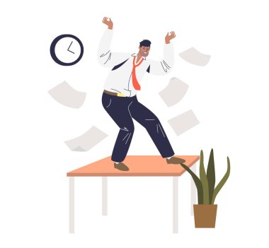 Stresli öfkeli iş adamı kağıtları fırlatıyor ve ofis masasında duruyor. İşte stres.