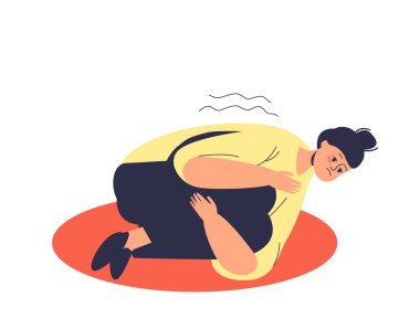 Depressed woman with panic attack lying on floor hugging her knees scared and stressed clipart