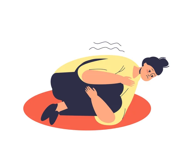 Депресивна жінка з панічною атакою лежить на підлозі, обіймаючи коліна наляканими і підкресленими — стоковий вектор