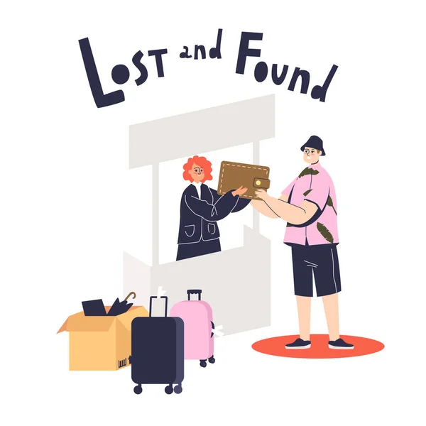 Ο άνθρωπος επιστρέφει το χαμένο πορτοφόλι στο χαμένο και βρήκε εργαζόμενο υπηρεσίας. Άνθρωποι που βοηθούν στην εύρεση πραγμάτων — Διανυσματικό Αρχείο