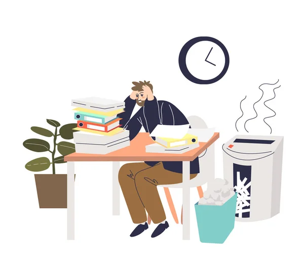 Empresário cansado sobrecarregado com pilhas de documentos no escritório local de trabalho —  Vetores de Stock